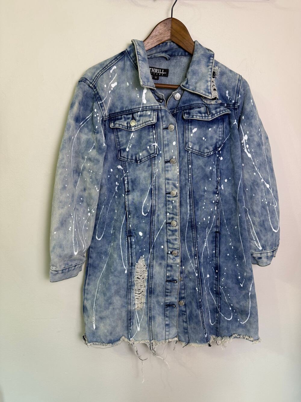 Thrill Jeans Distressed Longline Denim Jacket Paint Splatter Grunge Size M